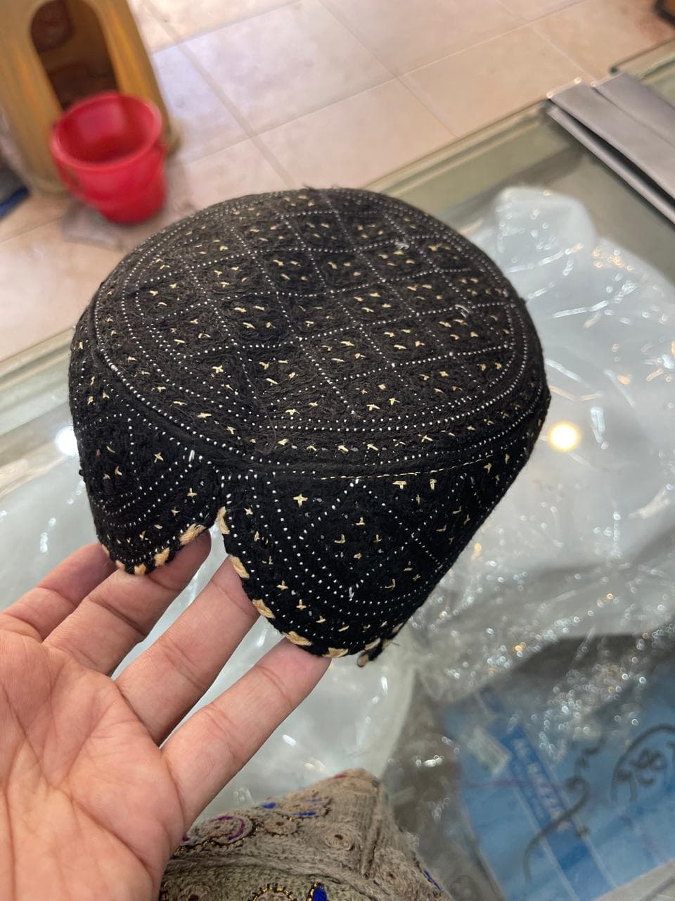 Black Sindhi topi with fine bead and mirror work