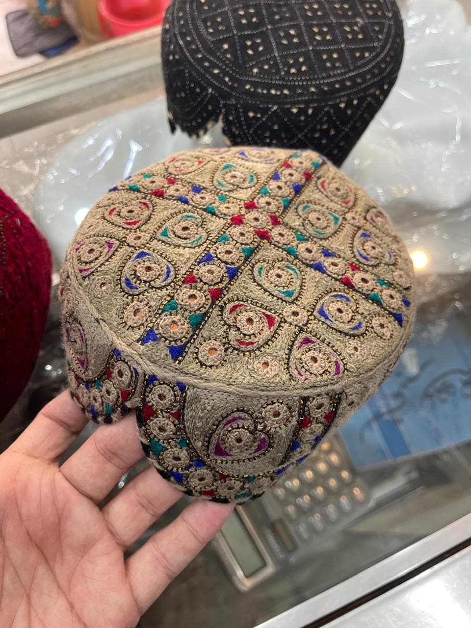 Grey Sindhi topi with multicolour embroidery and mirror work