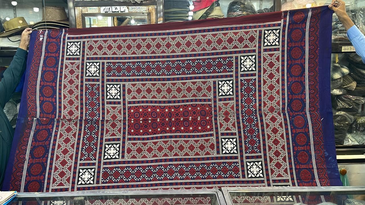 Full traditional Sindhi Ajrak shawl in red and indigo block print