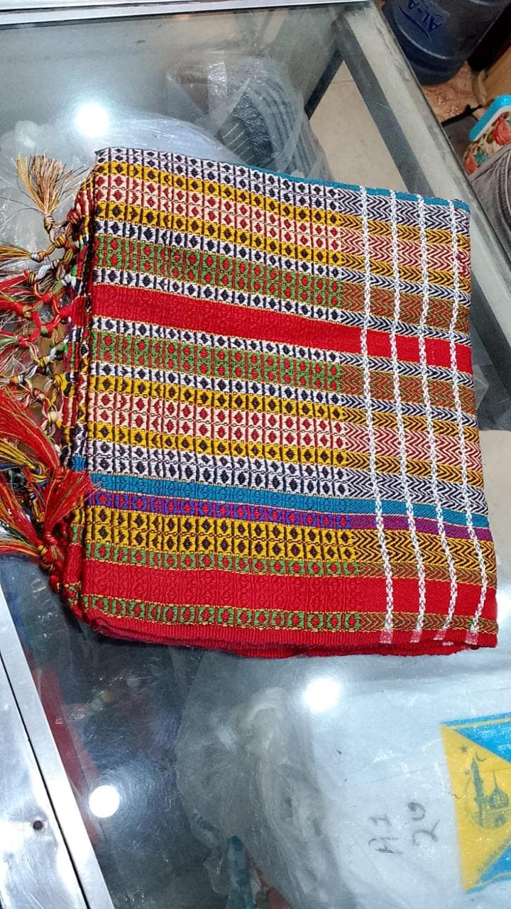 Woven Sindhi shawl with tassels in multiple colours