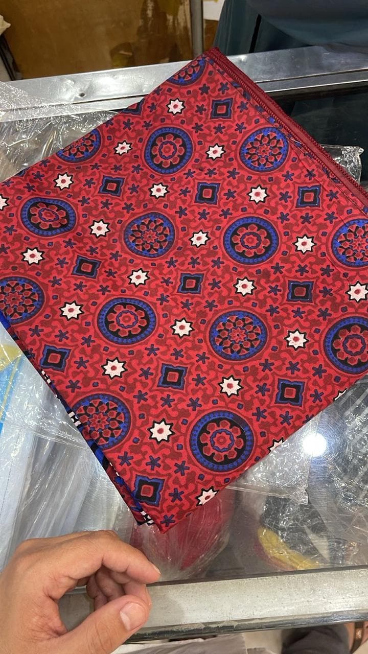 Ajrak cloth with fine red and blue medallion print