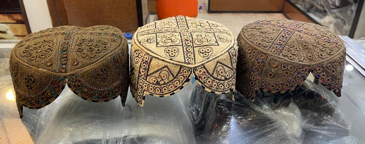 Hand-embroidered Sindhi topi with gold and mirror work